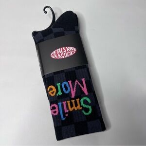 PETALS and Peacocks SMILE MORE Checkered Crew Socks Black Gray NWT